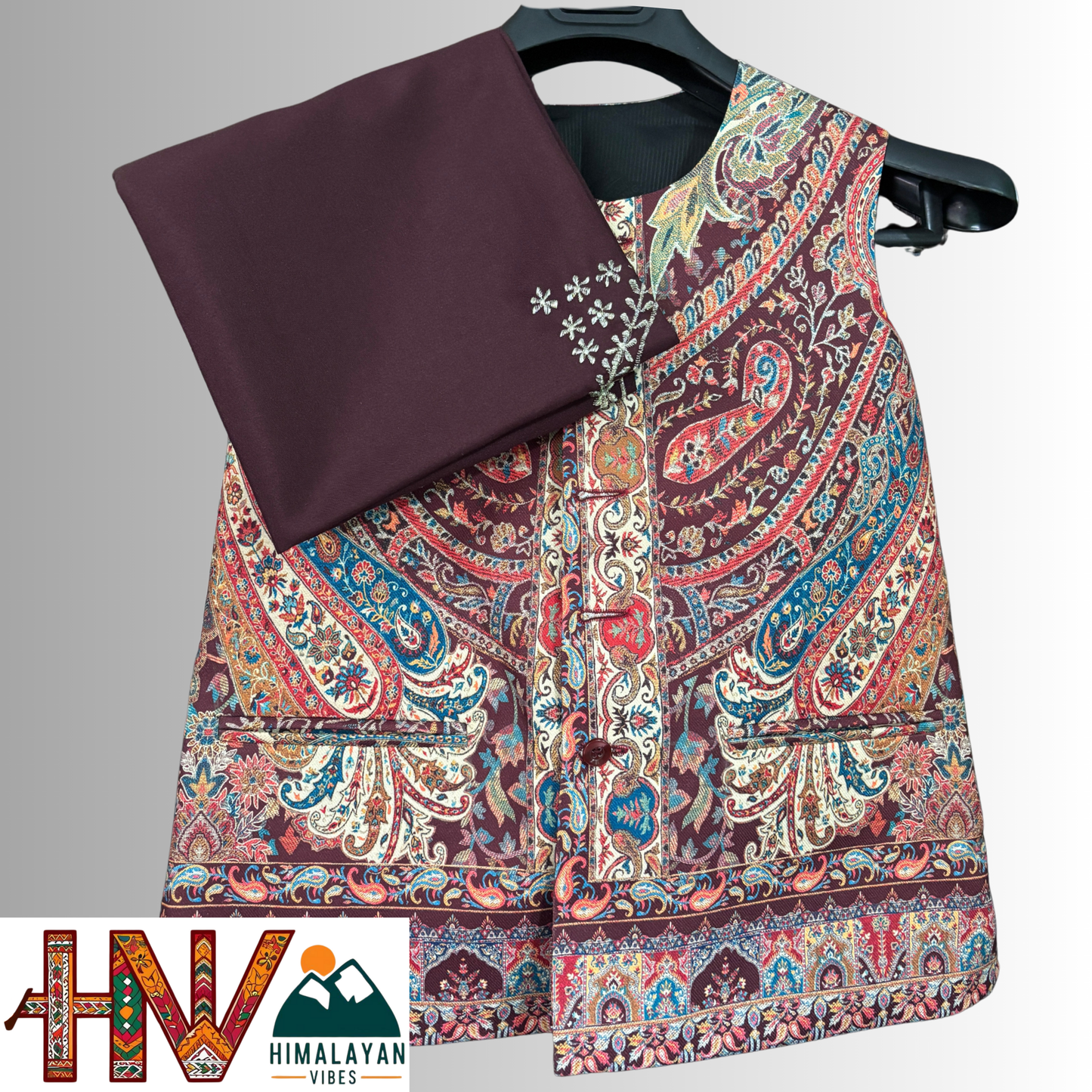 Himalayan Vibes Red Pashmina Blend Sadri & Coffee Color Dhatu Combo