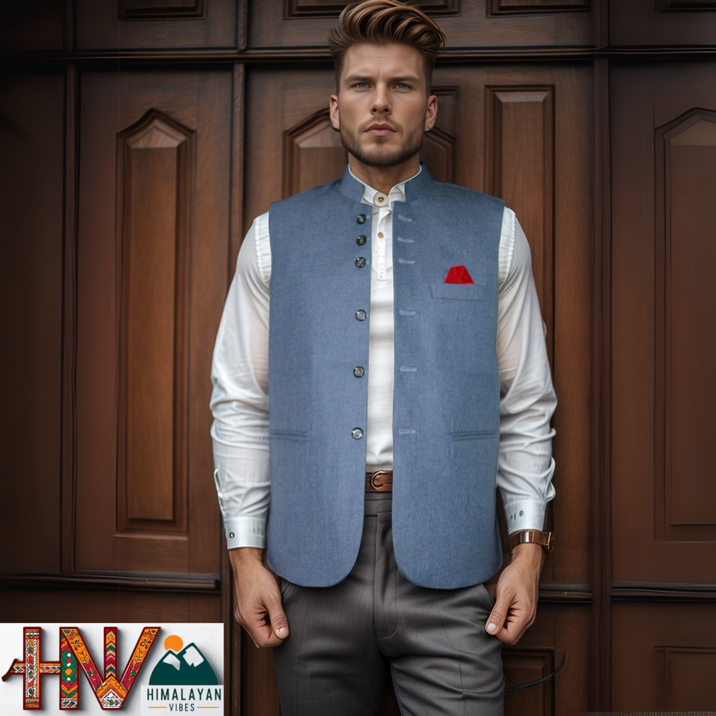 Himalayan Breeze Blue Sleeveless Jacket – Traditional Craft, Modern Style