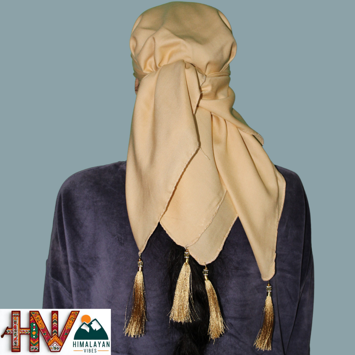 Rayon Plain Tan Color Himachali Dhatu - Handcrafted Traditional Head Scarf from Himalayas