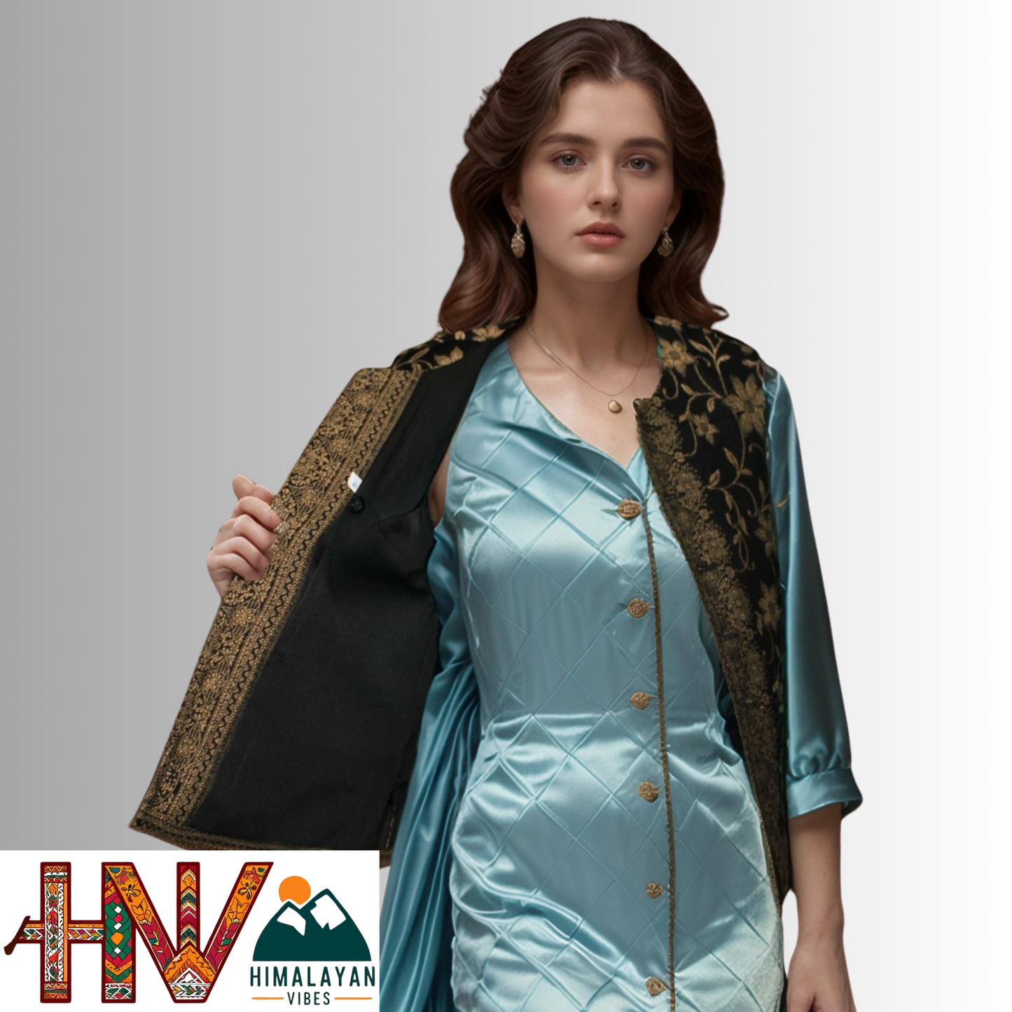 Women Pashmina Blend Black Color Himachali Sadri with Flower pattern – Traditional Waistcoat by Himalayan Vibes