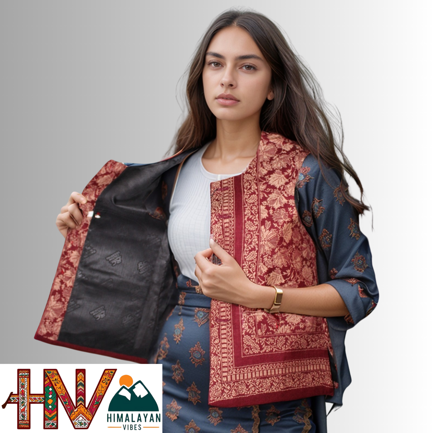 Women Pashmina Blend Red Color Himachali Sadri with Leaf pattern – Traditional Waistcoat by Himalayan Vibes