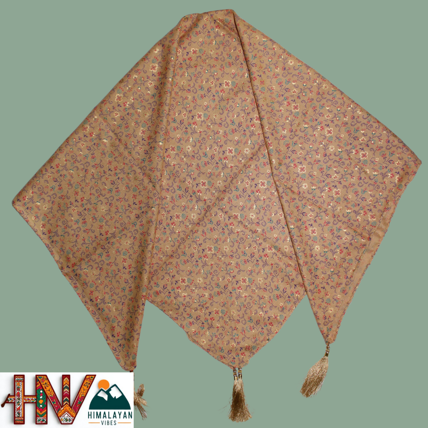 Alpine Tan Color Printed Gold Himachali Dhatu - Handcrafted Traditional Head Scarf from Himalayas
