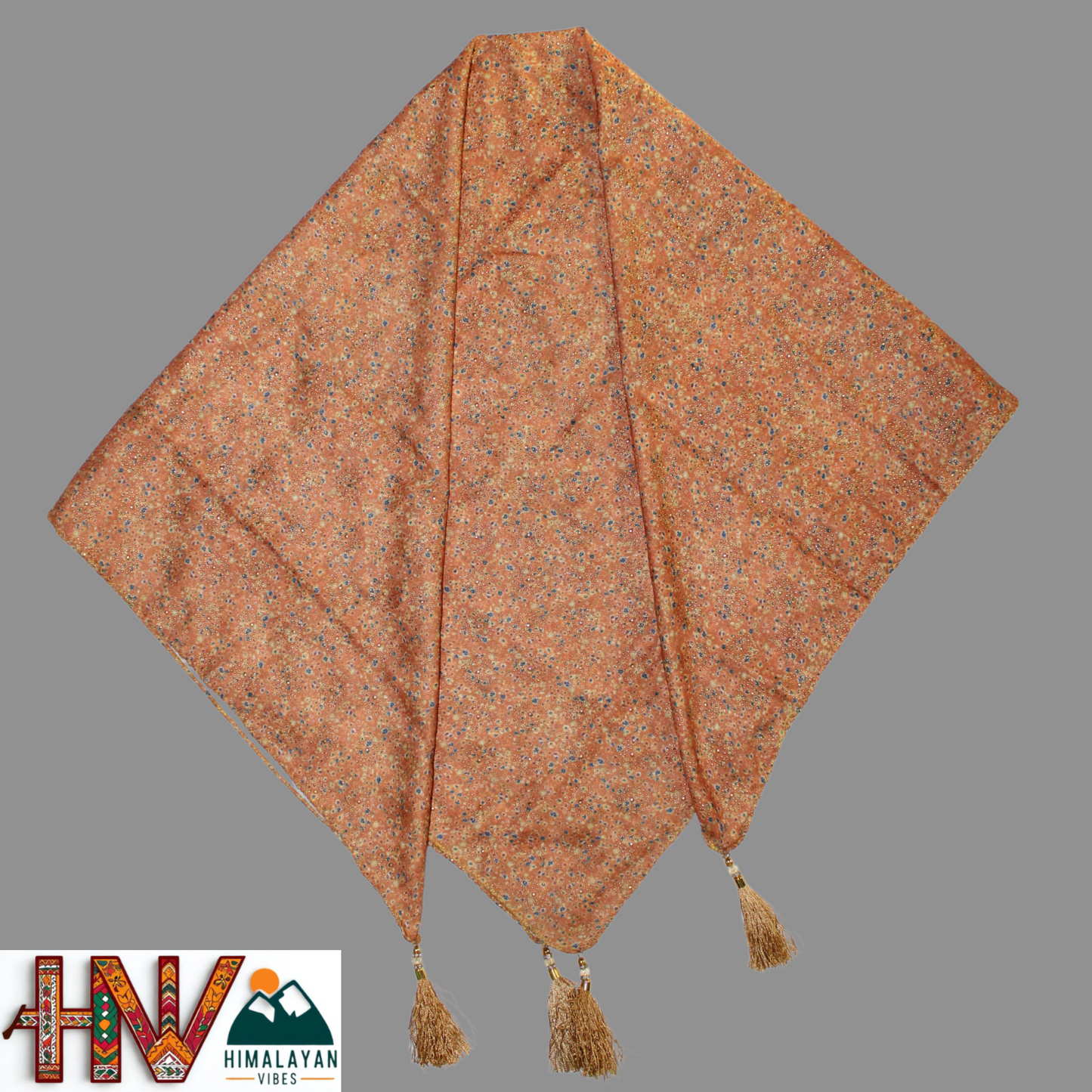 Alpine Caramel Color Printed Gold Himachali Dhatu - Handcrafted Traditional Head Scarf from Himalayas