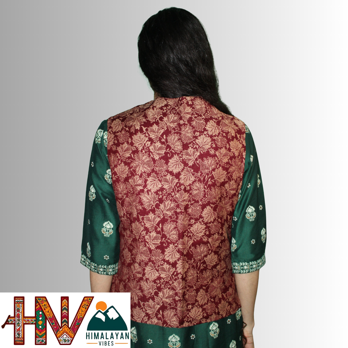 Women Pashmina Blend Red Color Himachali Sadri with Leaf pattern – Traditional Waistcoat by Himalayan Vibes