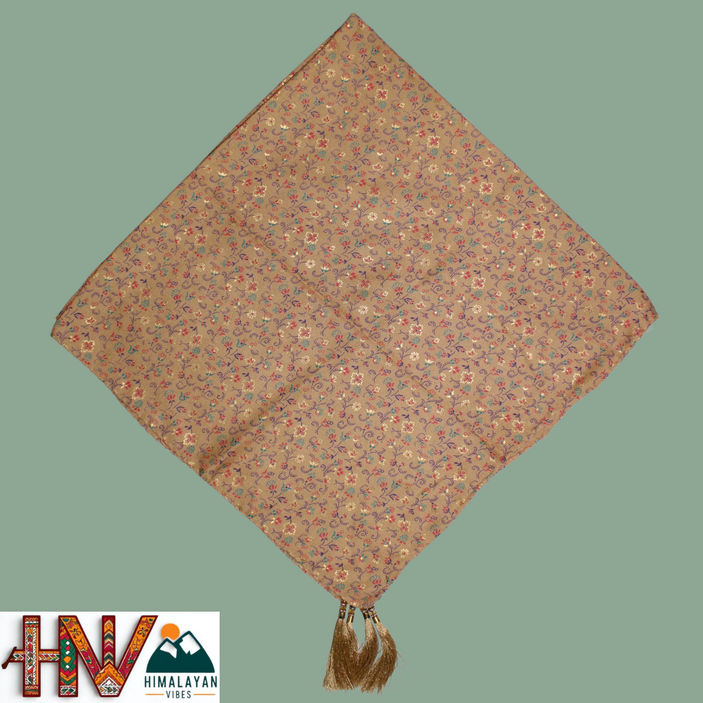 Alpine Tan Color Printed Gold Himachali Dhatu - Handcrafted Traditional Head Scarf from Himalayas