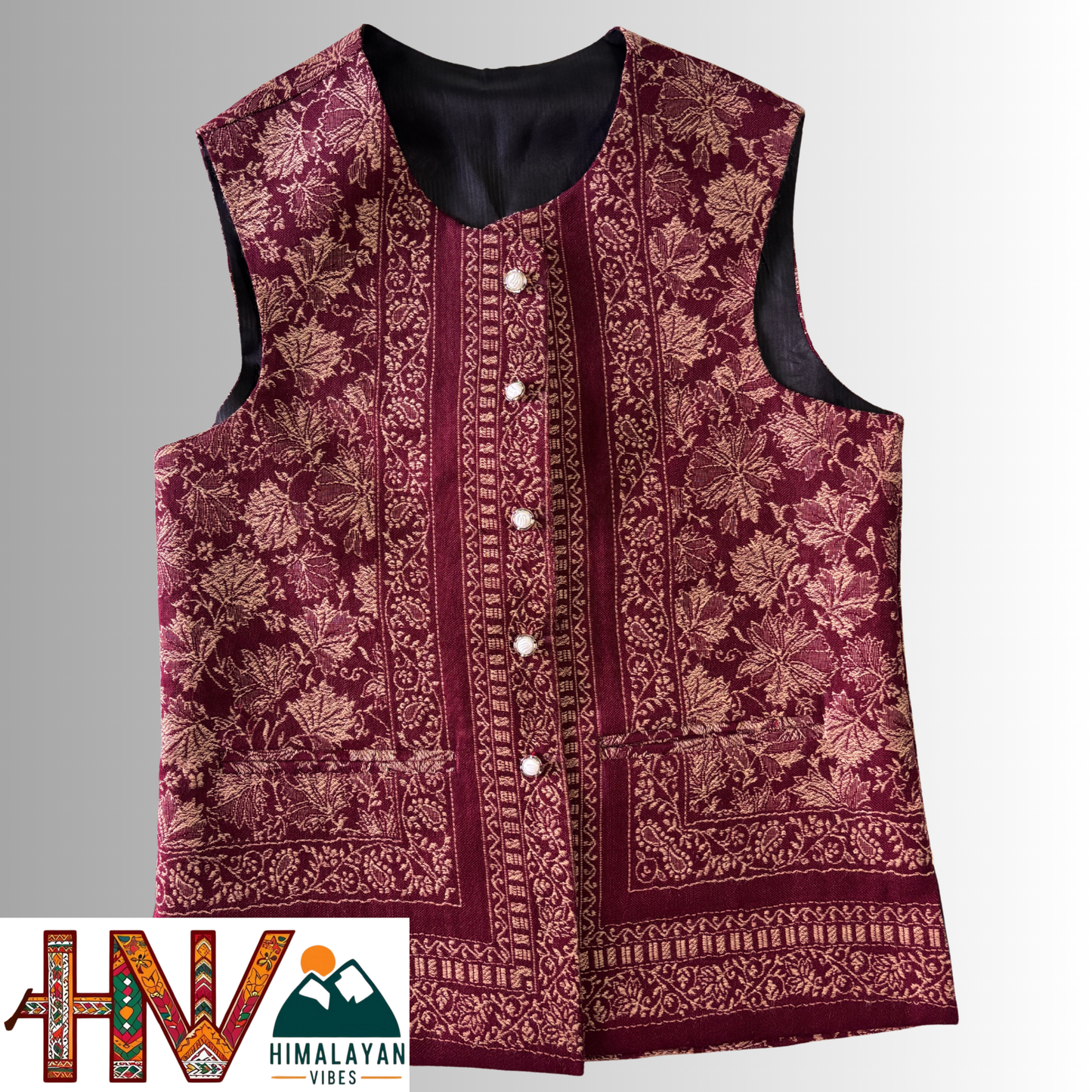 Women Pashmina Blend Red Color Himachali Sadri with Leaf pattern – Traditional Waistcoat by Himalayan Vibes