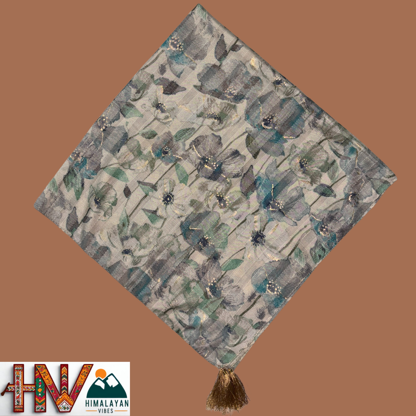 Rayon Cream Color Himachali Dhatu with Grey Print - Handcrafted Traditional Head Scarf from Himalayas