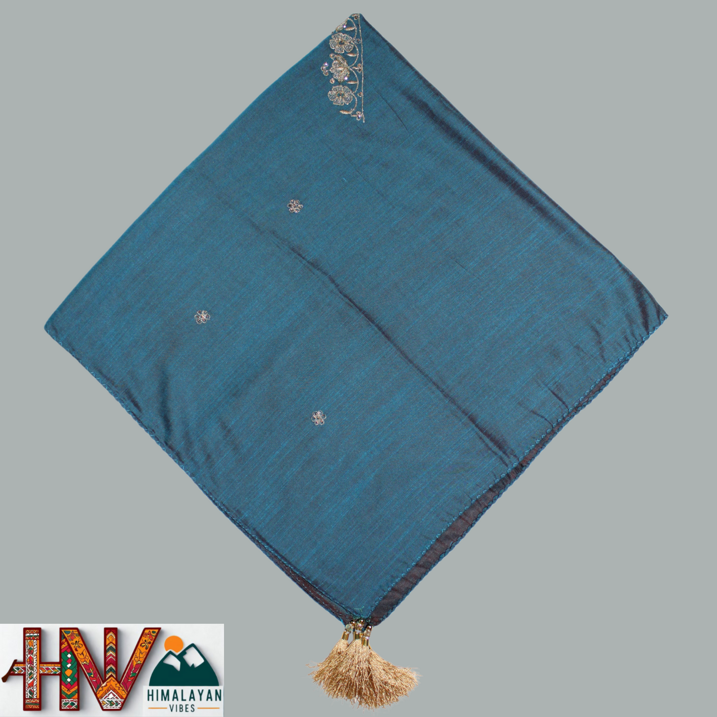 Handcrafted Himachali Teal Blue Dhatu with Gold Embroidery – A Unique Embroidered Head Scarf
