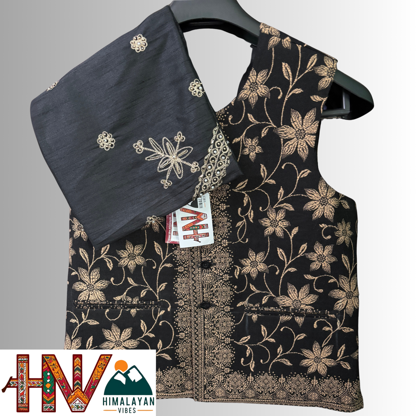 Himalayan Vibes black pashmina Blend sadri & Black Brocade embroidered Dhatu Combo