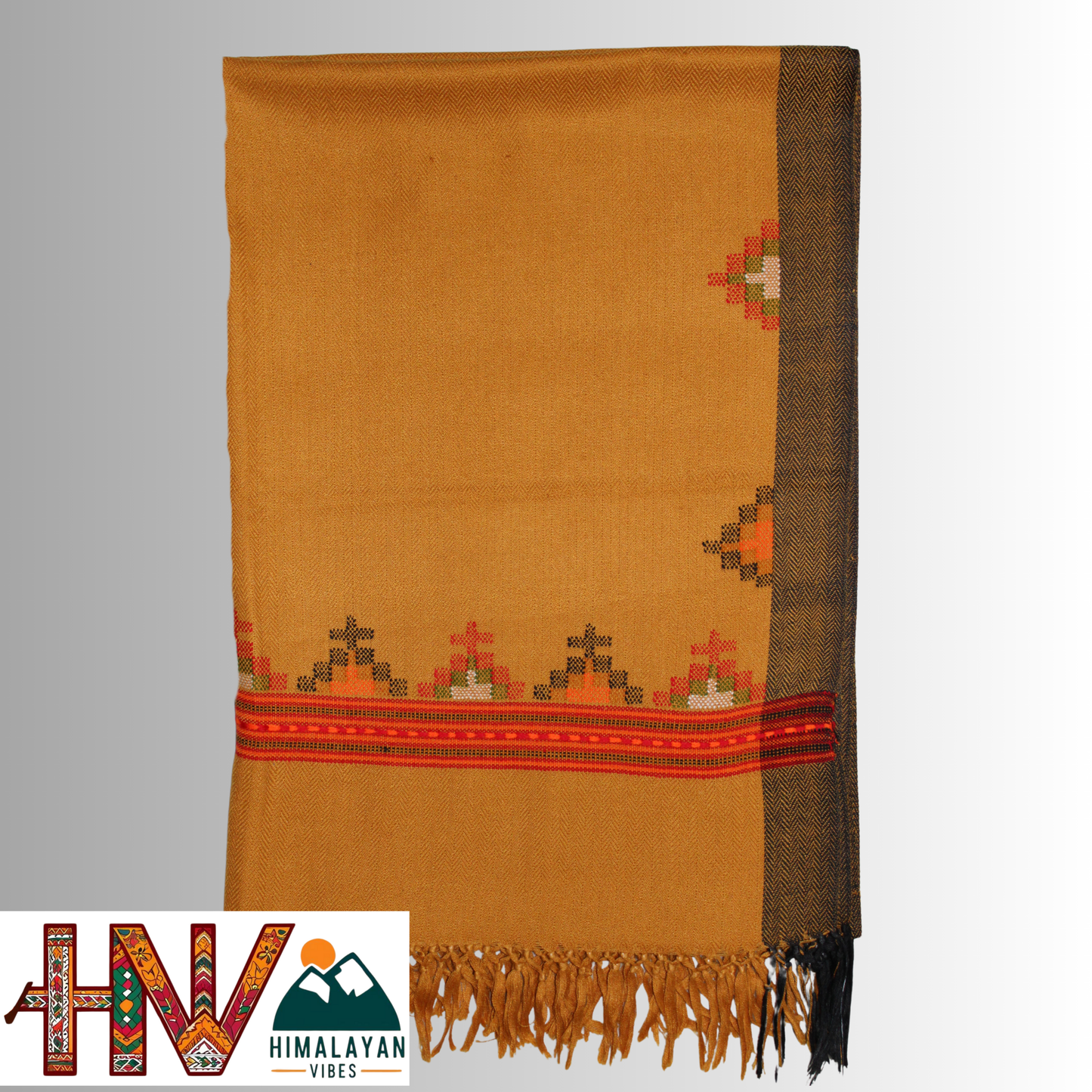 Handwoven Mustard Kullu Woolen Stole with Traditional Kullu Patti Geometric Motifs with black Border– Handwoven Elegance By Himalayan Vibes