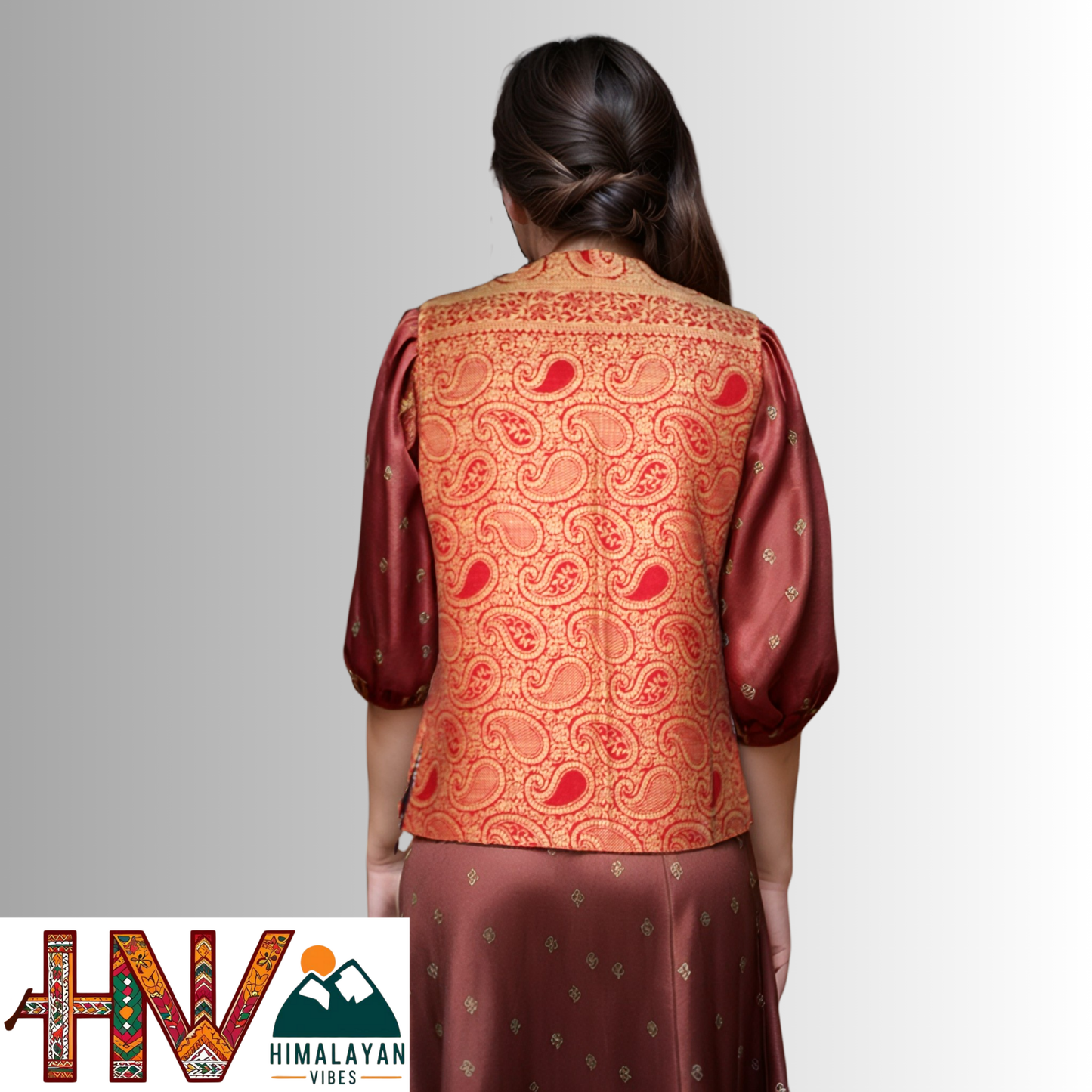 Women Pashmina Blend Red Color Himachali Sadri with Floral pattern – Traditional Waistcoat by Himalayan Vibes