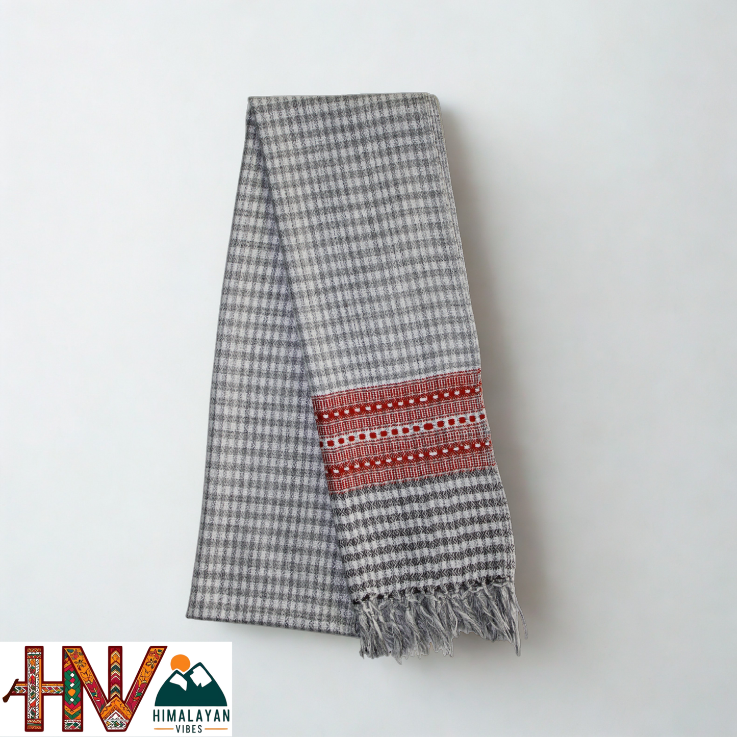 Traditional Kullu Handwoven Cream check with Red Patti Muffler – Soft, Durable & Warm Wool Scarf