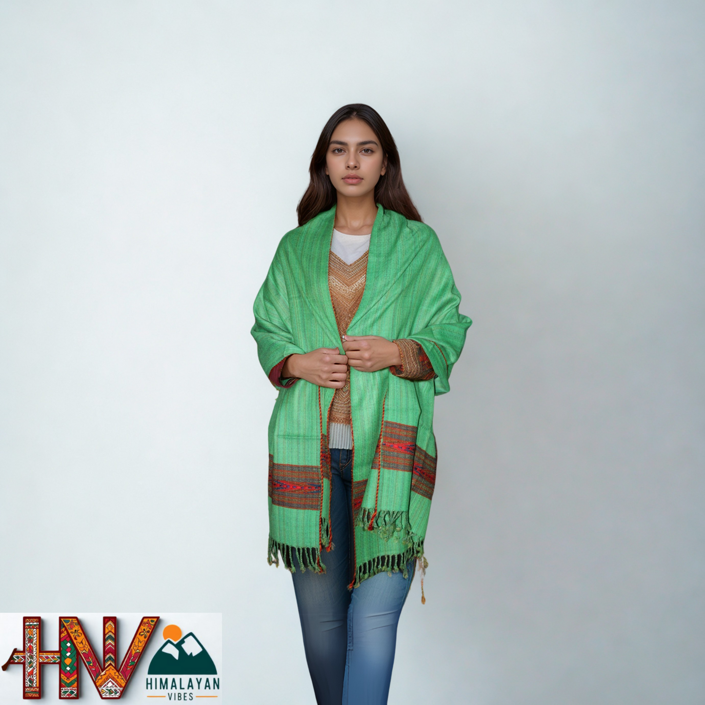 Handwoven Himalayan Green Wool Stole – Red & Blue Striped with Geometric Motif Border