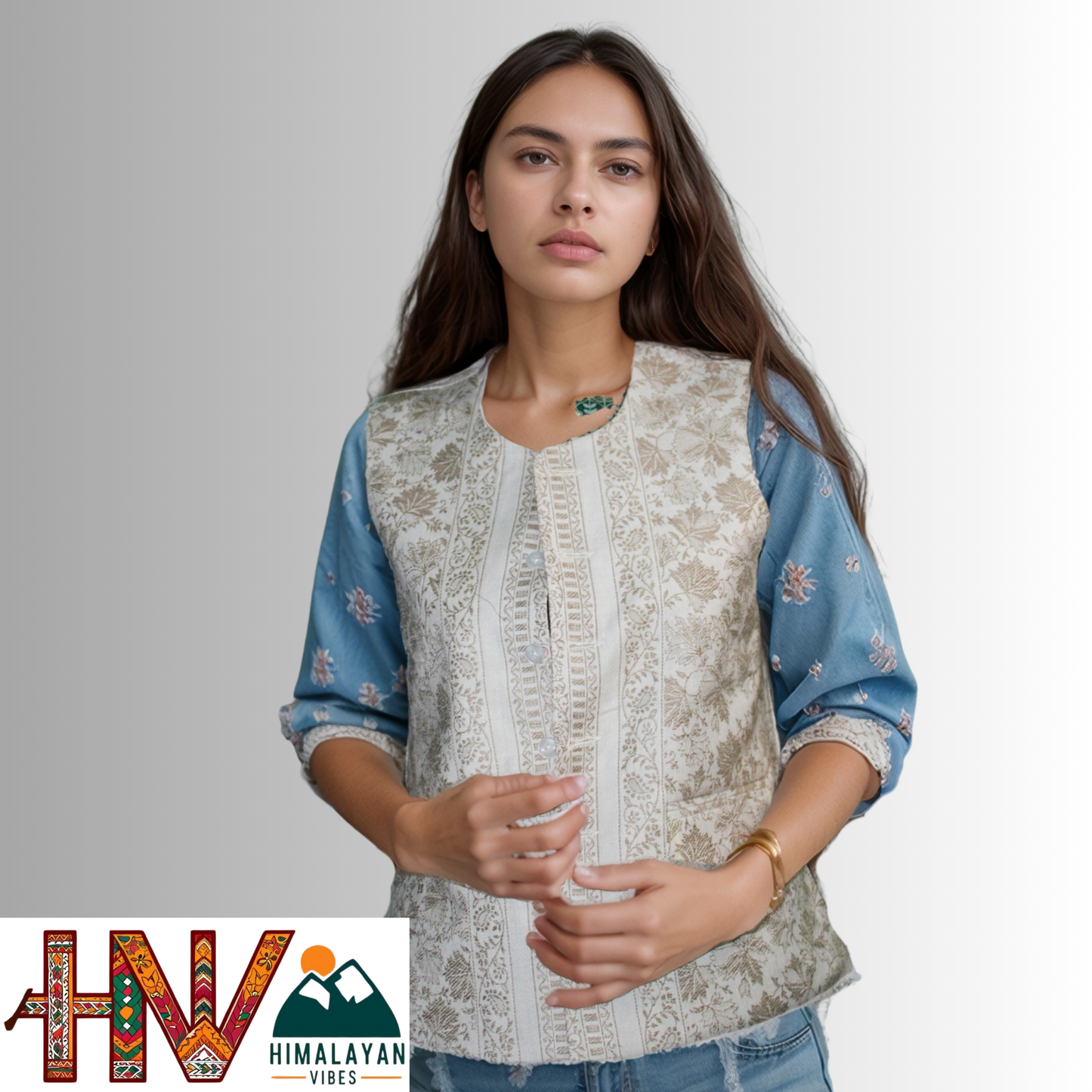 Women Pashmina Blend Cream Color Himachali Sadri with Leaf pattern – Traditional Waistcoat by Himalayan Vibes