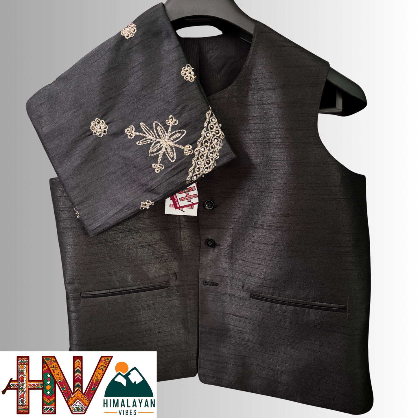 Himalayan Vibes black raw silk sadri & black embroidered brocade dhatu combo