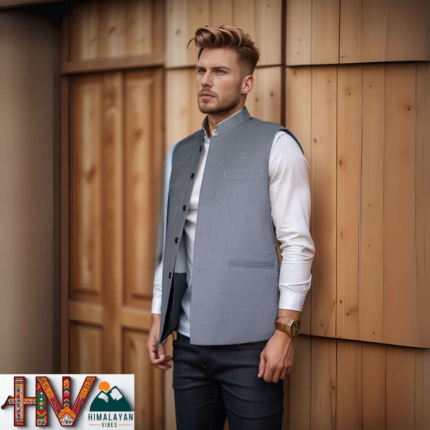 Himalayan Breeze Light Blue Grey Sleeveless Jacket – Traditional Craft, Modern Style