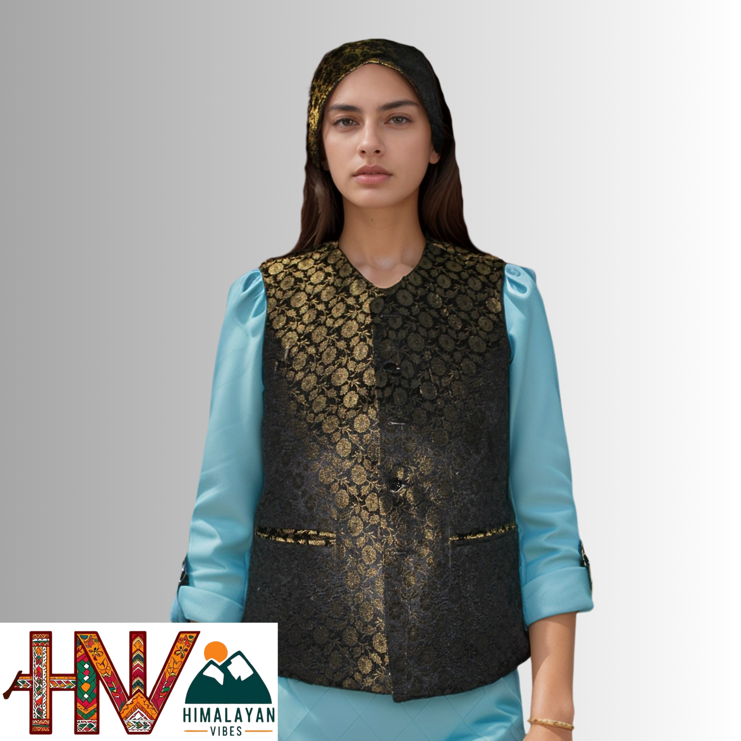 Himalayan Vibes Black Brocade Sadri and Dhatu Combo.