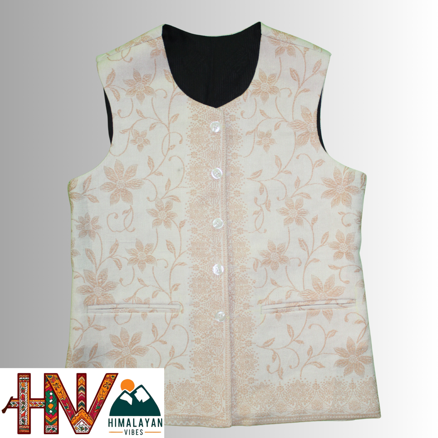 Women Pashmina Blend Cream Color Himachali Sadri with Flower pattern – Traditional Waistcoat by Himalayan Vibes