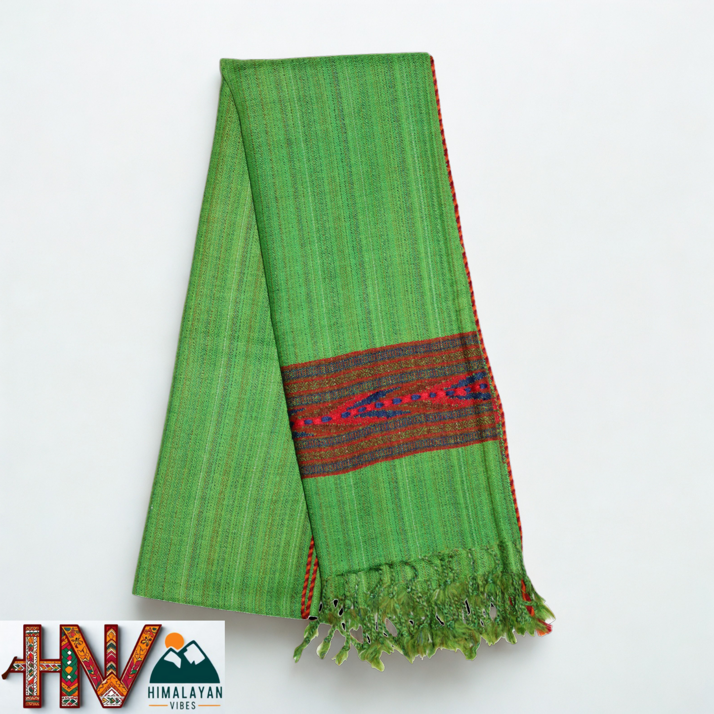 Handwoven Himalayan Parrot Green Wool Stole – Red & Blue Striped with Geometric Motif Border