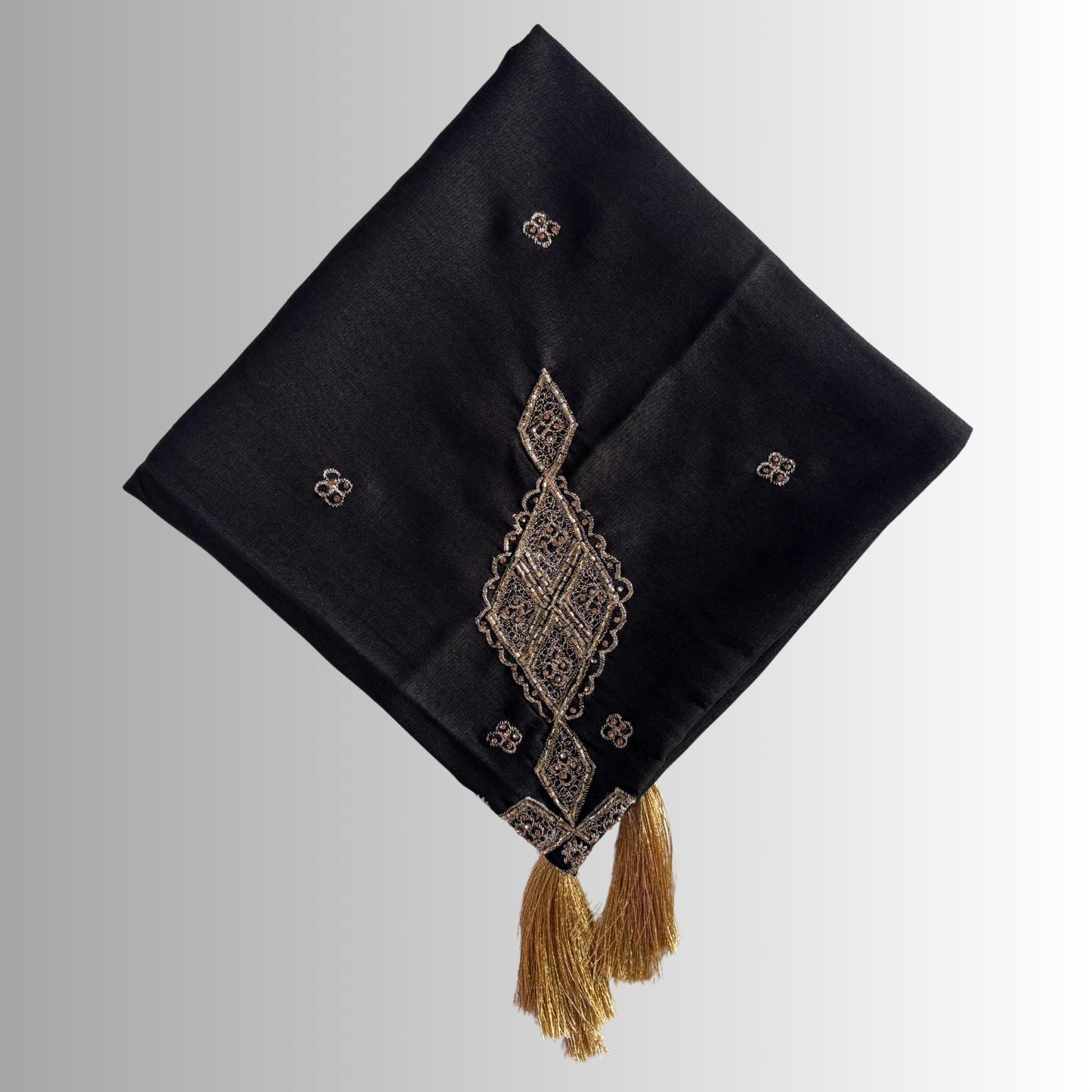 Handcrafted Himachali Black Rayon Dhatu with Golden Embroidery – A Unique Embroidered Head Scarf