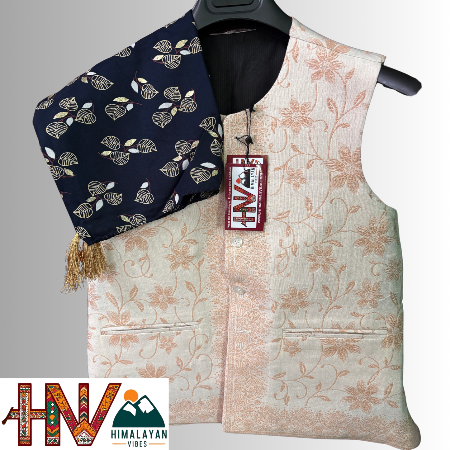 pashmina blend cream color sadri and navy blue dhatu combo