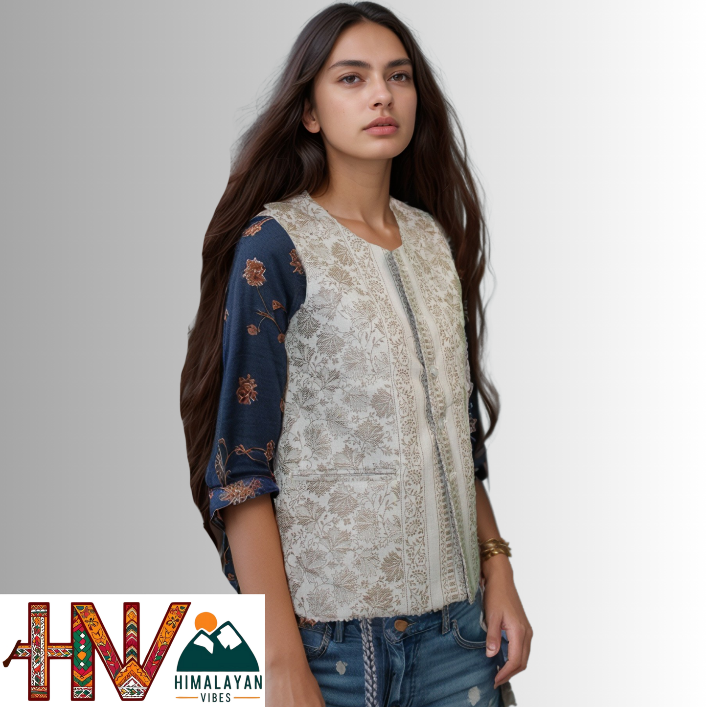 Women Pashmina Blend Cream Color Himachali Sadri with Leaf pattern – Traditional Waistcoat by Himalayan Vibes