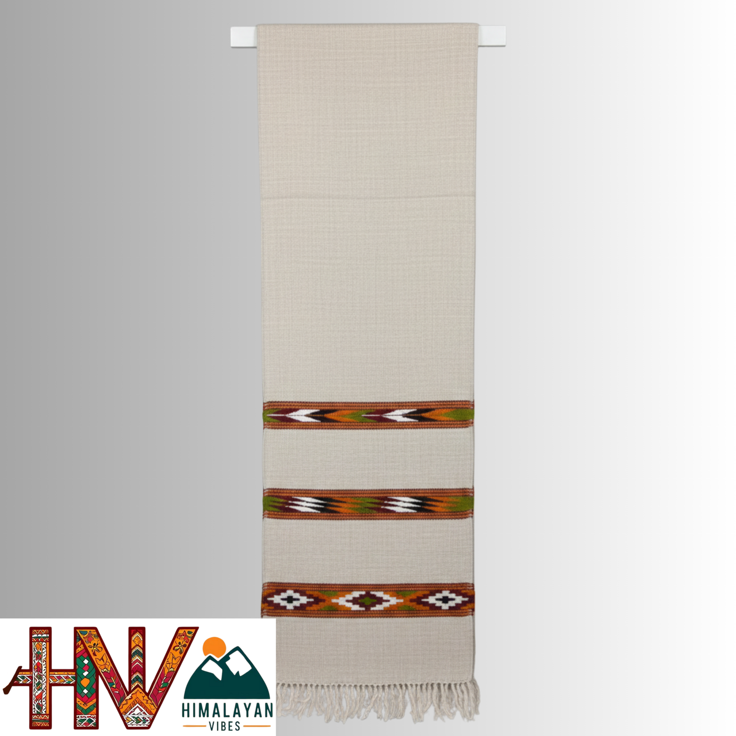 Handwoven White Woolen Muffler | Triple Kullu Patti Traditional Geometric Design By Himalayan Vibes