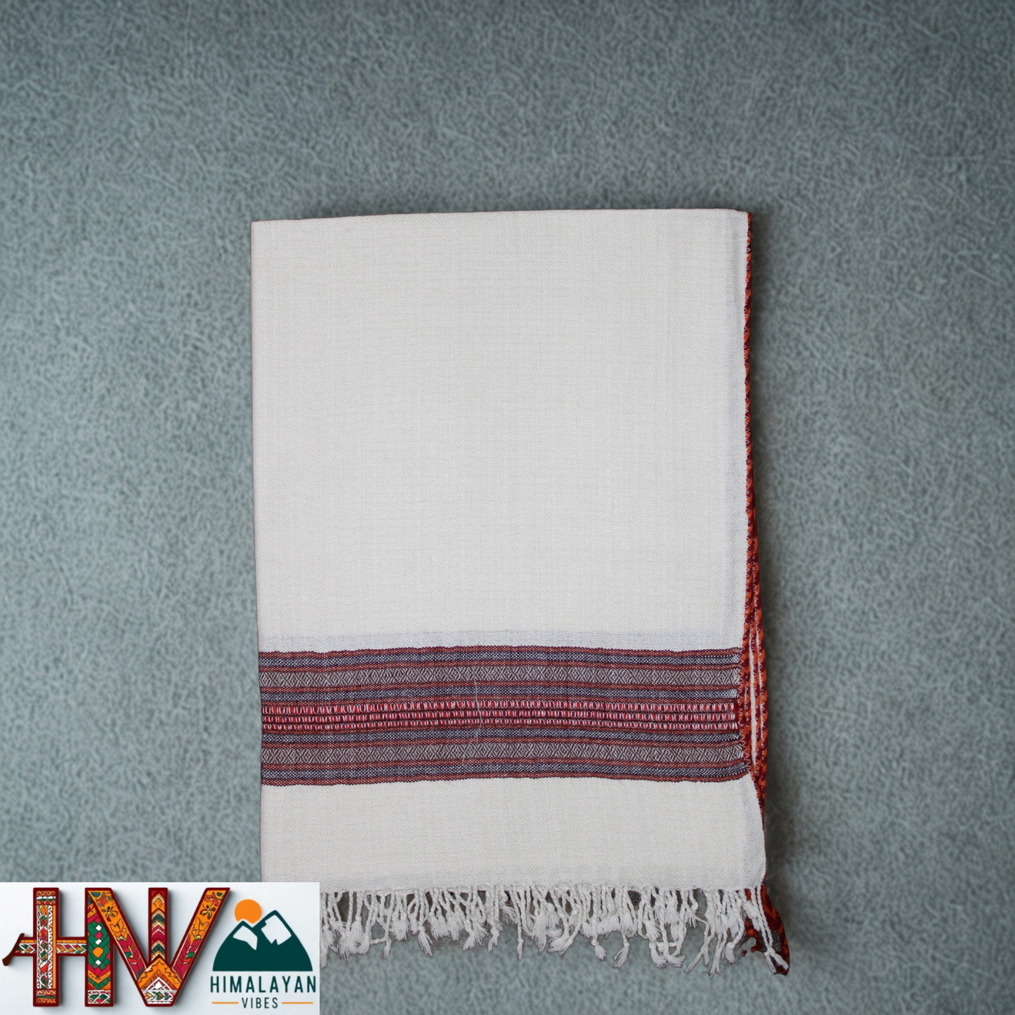 Handwoven Himalayan White Wool Stole – Red & Grey Striped with Geometric Motif Border