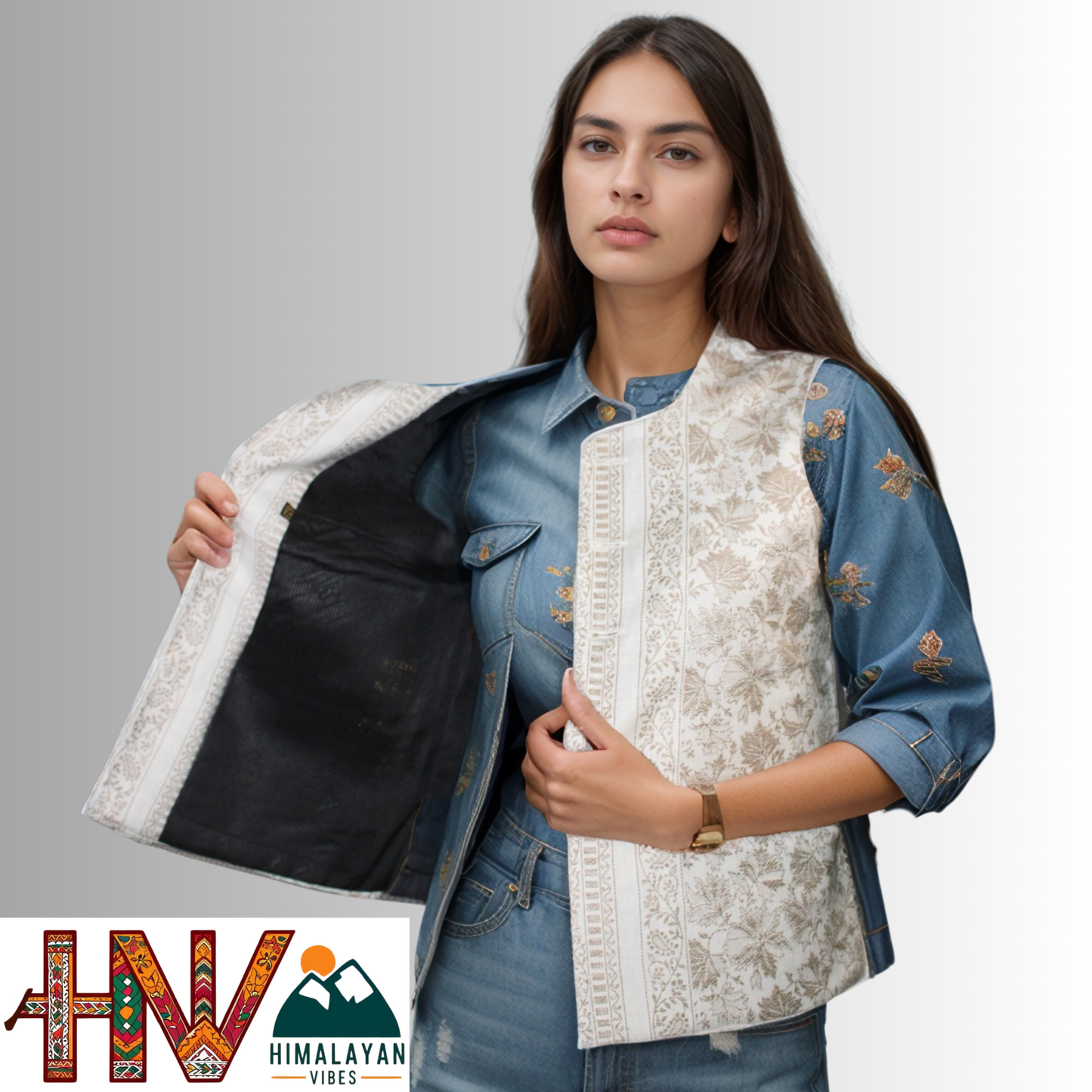 Women Pashmina Blend Cream Color Himachali Sadri with Leaf pattern – Traditional Waistcoat by Himalayan Vibes