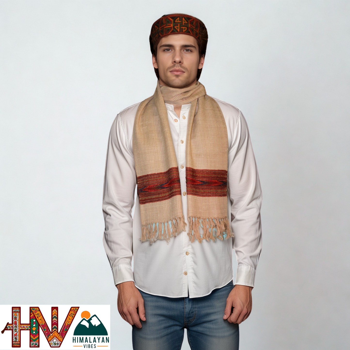 Traditional Kullu Handwoven Light brown Muffler – Soft, Durable & Warm Wool Scarf