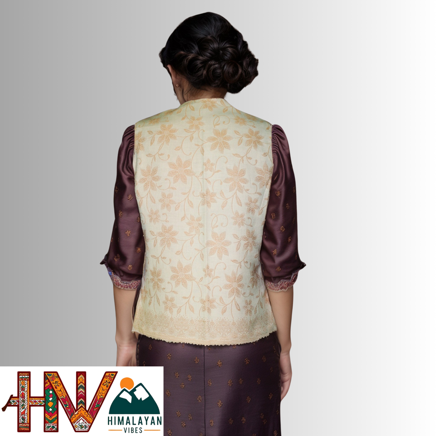 Women Pashmina Blend Cream Color Himachali Sadri with Flower pattern – Traditional Waistcoat by Himalayan Vibes