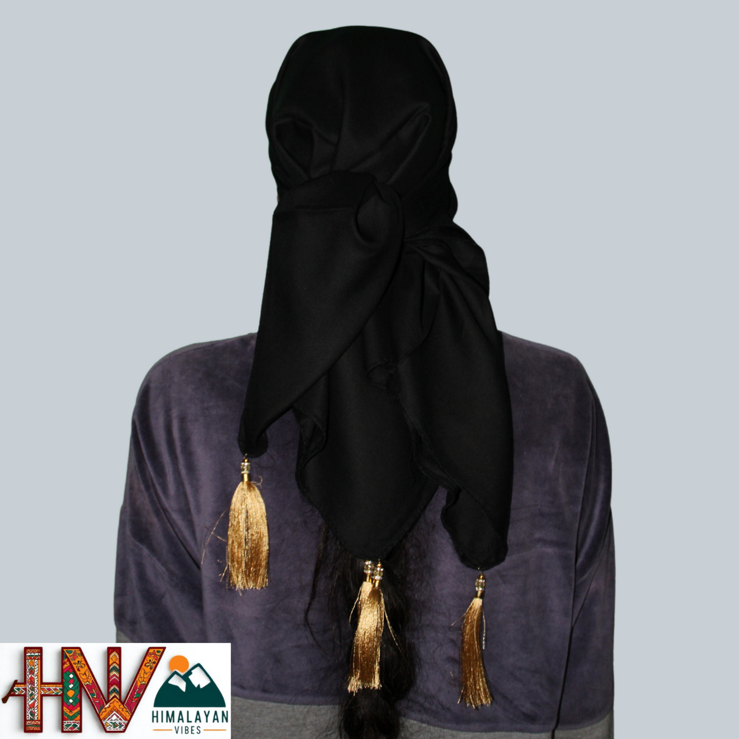 Rayon Plain Black Color Himachali Dhatu - Handcrafted Traditional Head Scarf from Himalayas