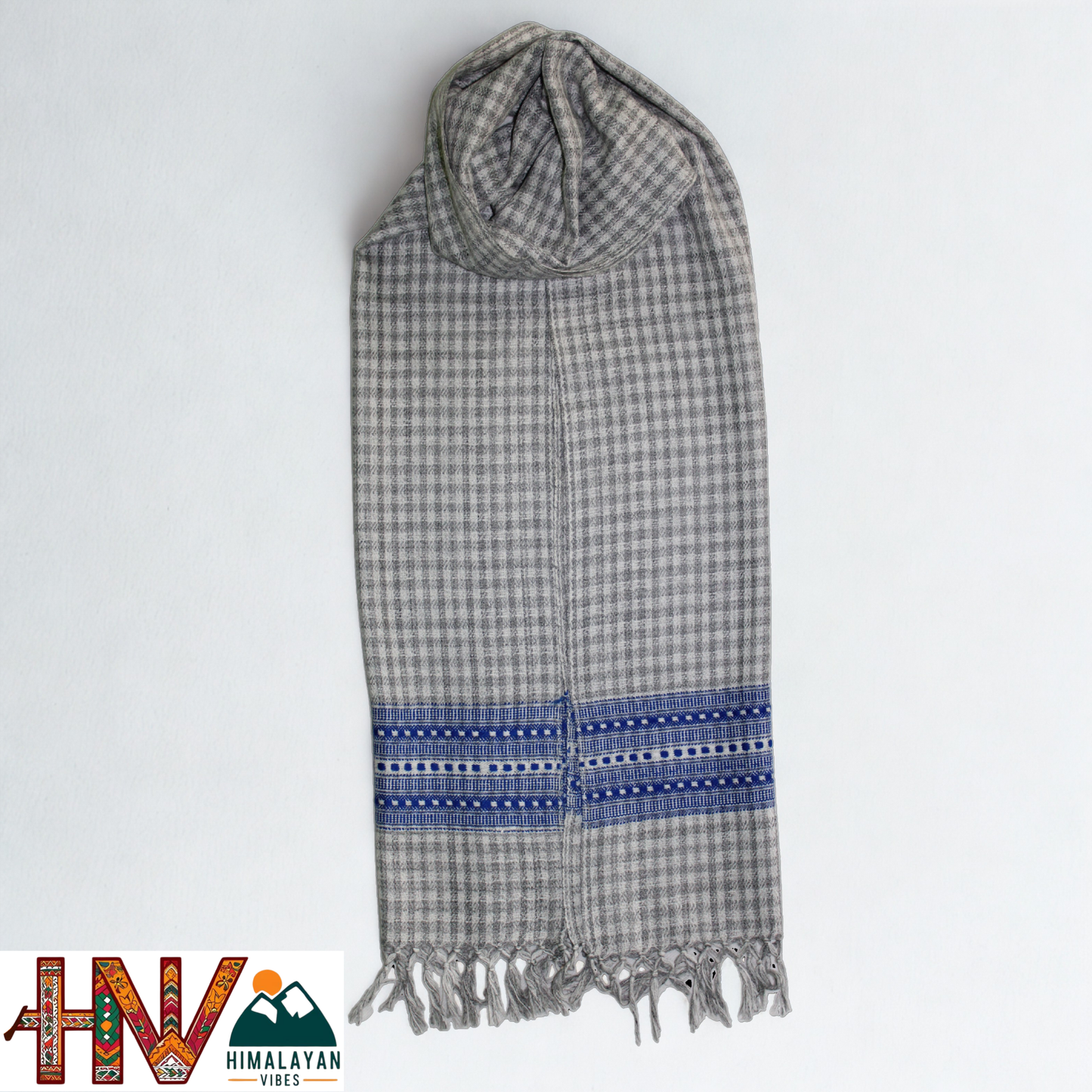 Traditional Kullu Handwoven Cream check with Blue Patti Muffler – Soft, Durable & Warm Wool Scarf