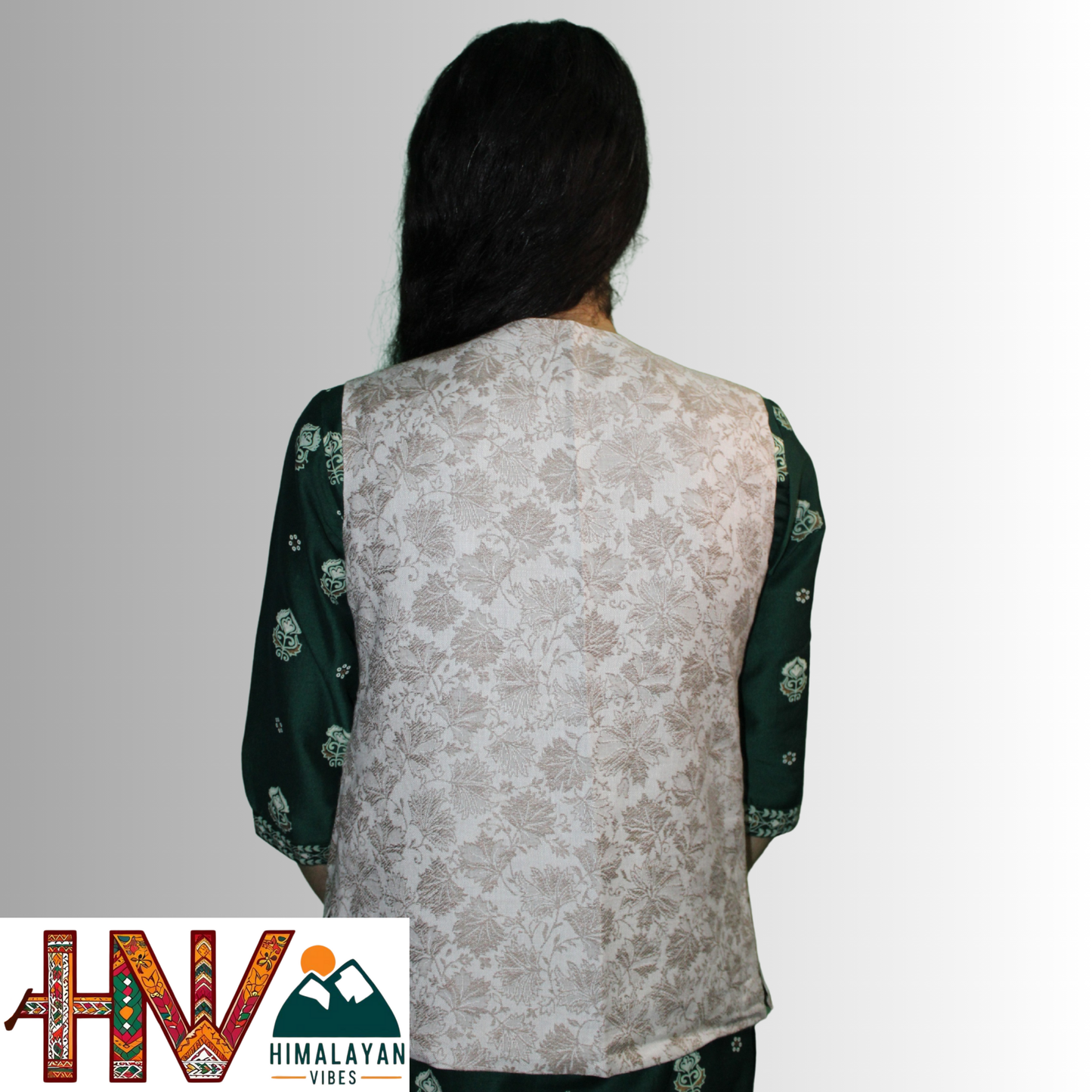 Women Pashmina Blend Cream Color Himachali Sadri with Leaf pattern – Traditional Waistcoat by Himalayan Vibes