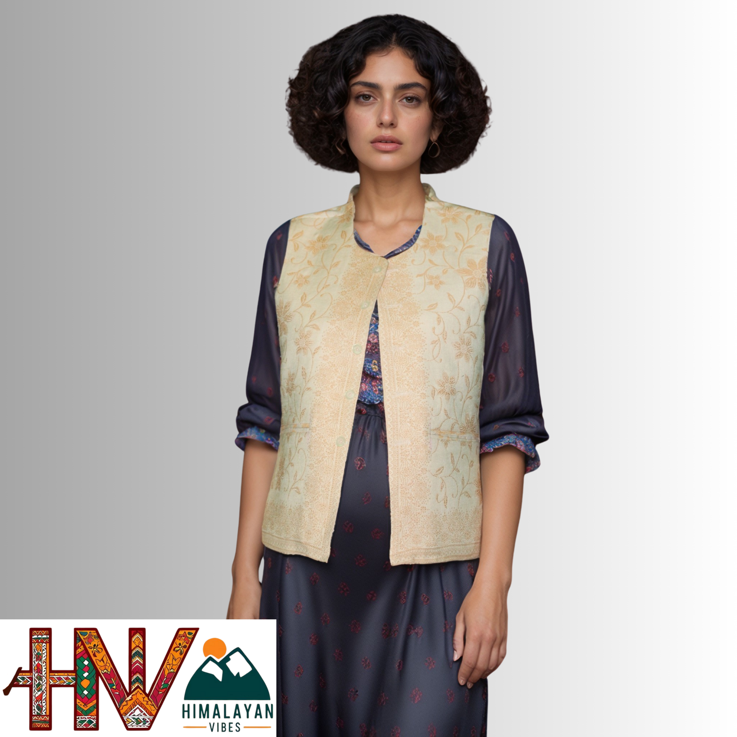 Women Pashmina Blend Cream Color Himachali Sadri with Flower pattern – Traditional Waistcoat by Himalayan Vibes
