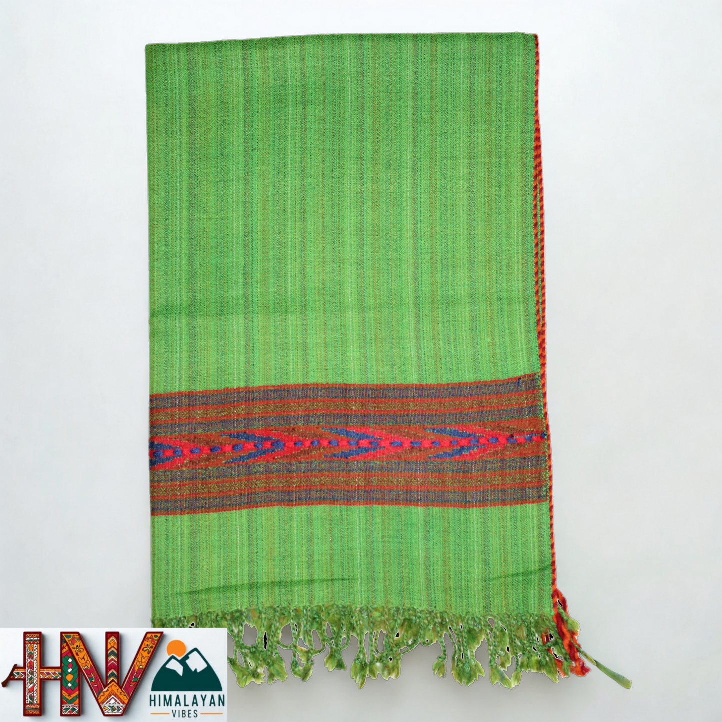 Handwoven Himalayan Parrot Green Wool Stole – Red & Blue Striped with Geometric Motif Border