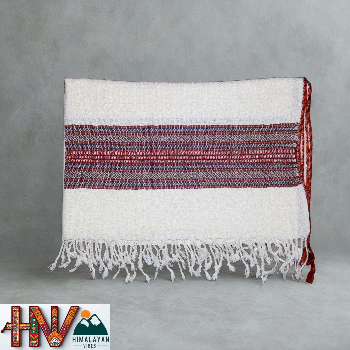 Handwoven Himalayan White Wool Stole – Red & Grey Striped with Geometric Motif Border