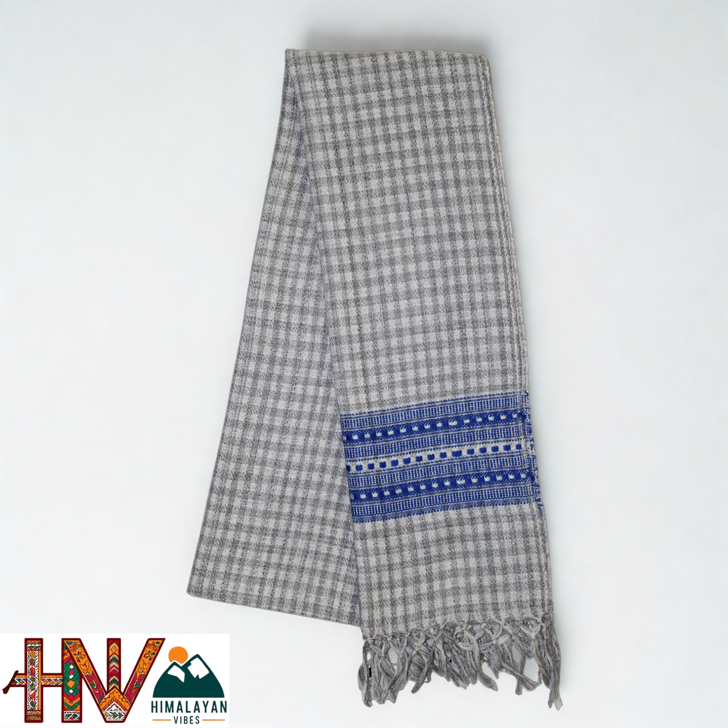Traditional Kullu Handwoven Cream check with Blue Patti Muffler – Soft, Durable & Warm Wool Scarf