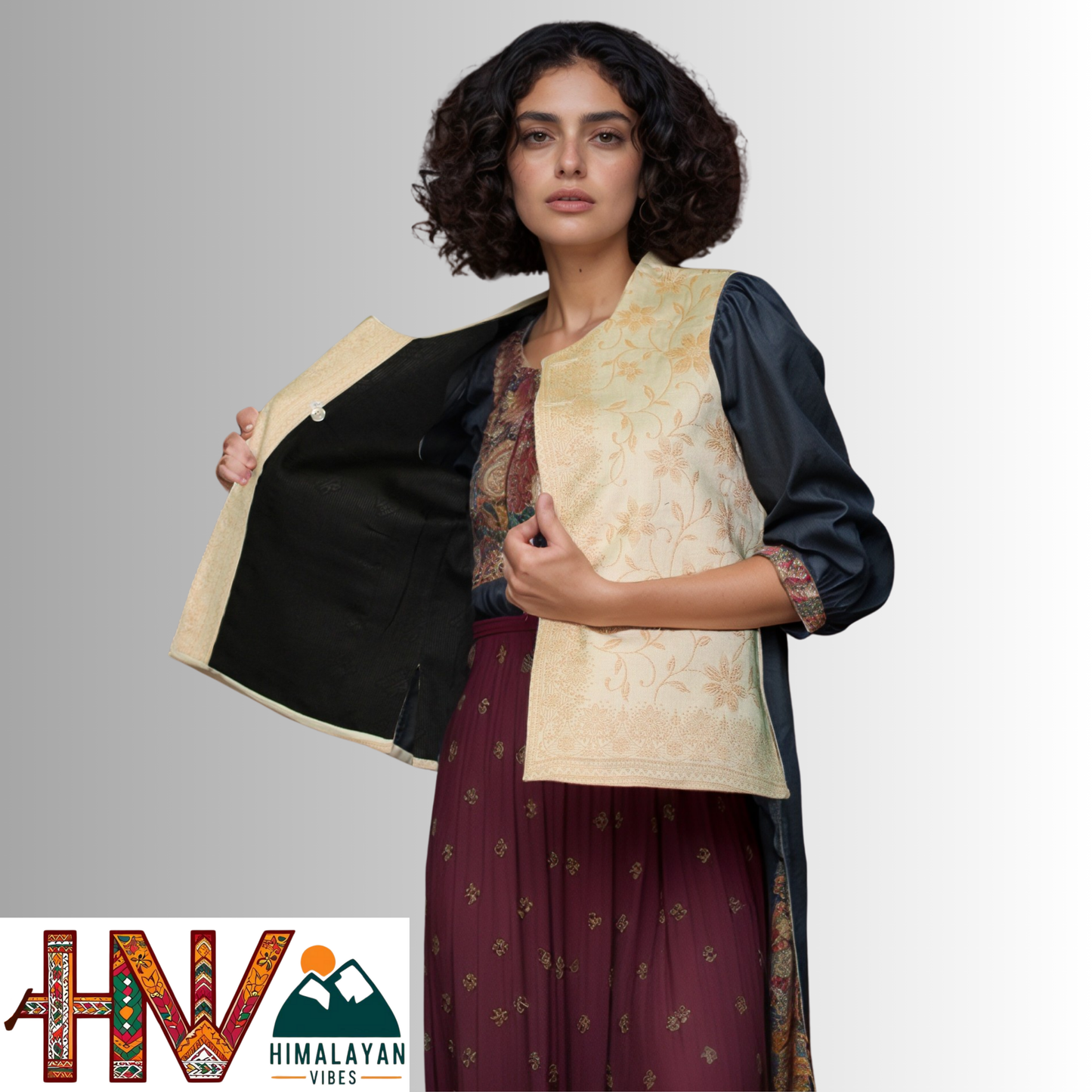 Women Pashmina Blend Cream Color Himachali Sadri with Flower pattern – Traditional Waistcoat by Himalayan Vibes