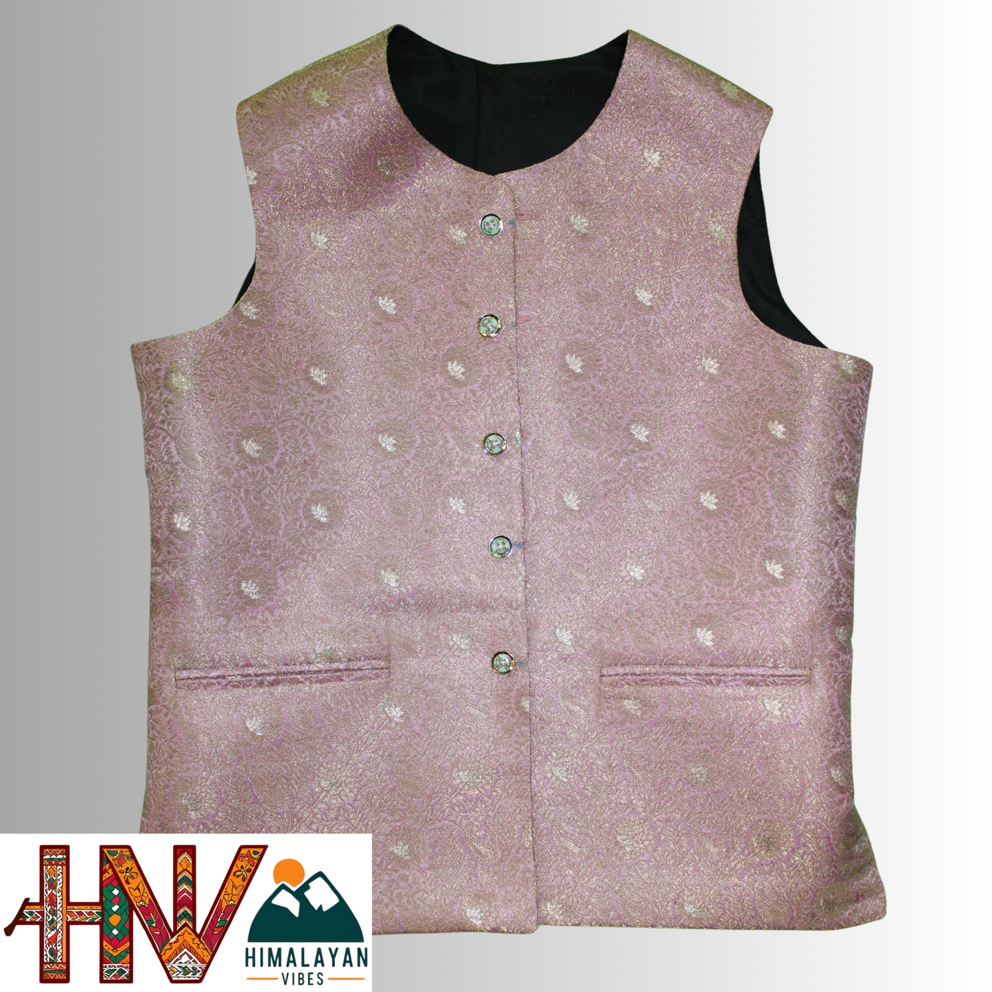 Women's Lavender Color Printed Sadri with Golden floral pattern - Elegant Brocade Festive Wear with Inner Pockets