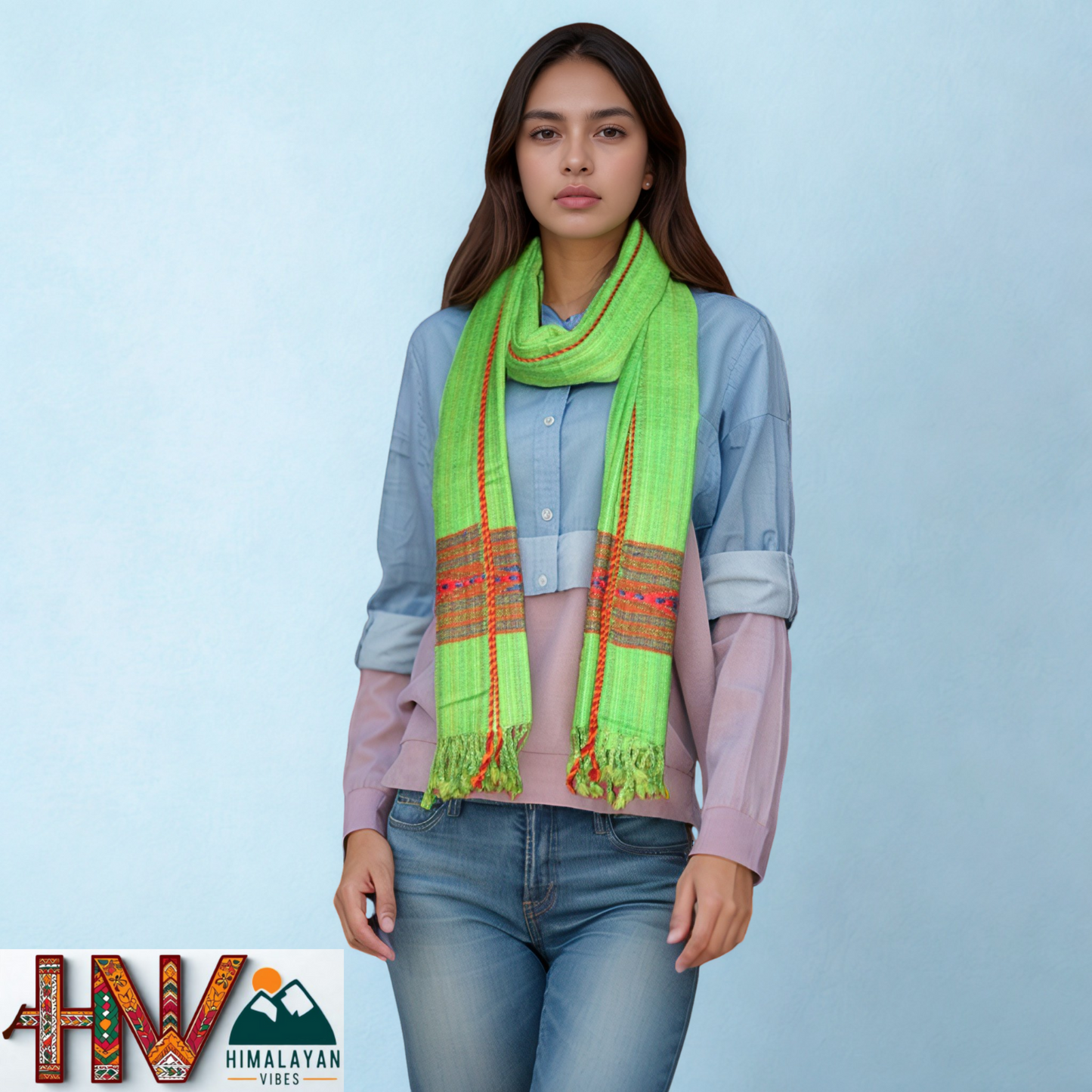 Handwoven Himalayan Parrot Green Wool Stole – Red & Blue Striped with Geometric Motif Border