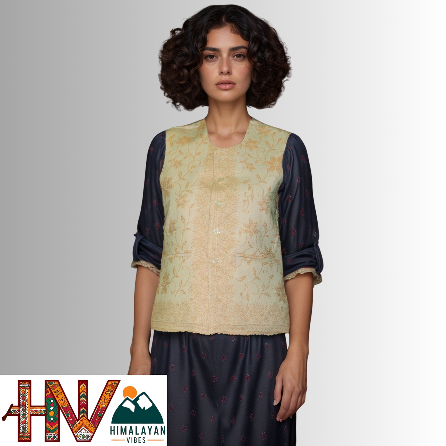 Women Pashmina Blend Cream Color Himachali Sadri with Flower pattern – Traditional Waistcoat by Himalayan Vibes