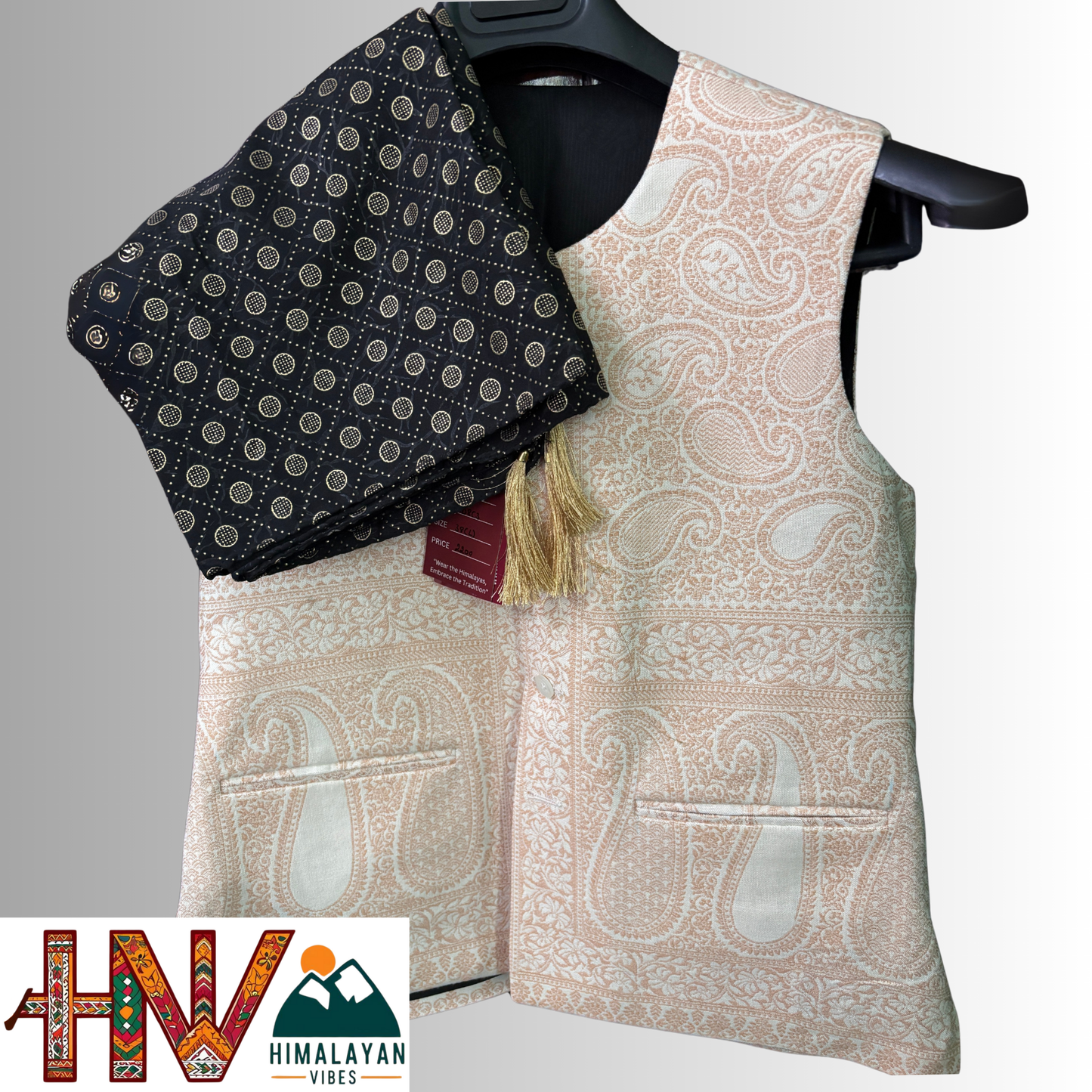 Pahmina blend cream color sadri with dense floral pattern and rubber print black dhatu combo