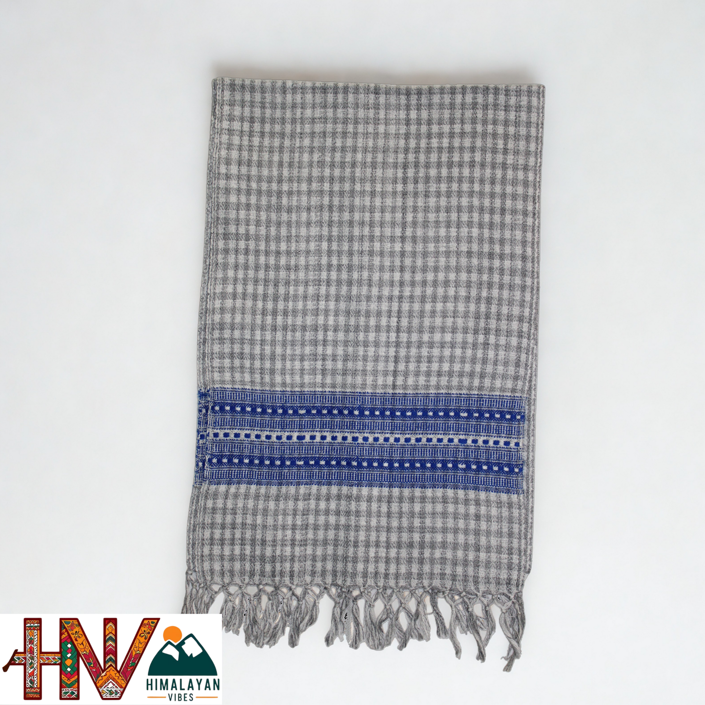 Traditional Kullu Handwoven Cream check with Blue Patti Muffler – Soft, Durable & Warm Wool Scarf