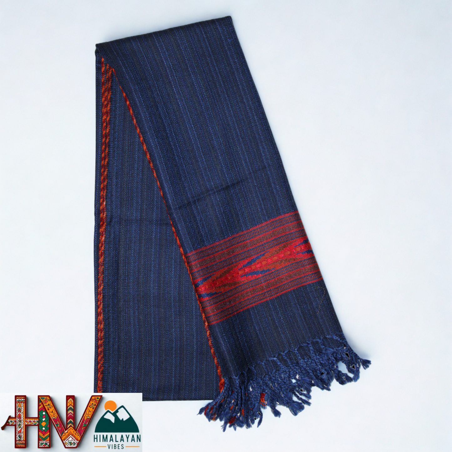 Handwoven Himalayan Blue Wool Stole – Red & Blue Striped with Geometric Motif Border