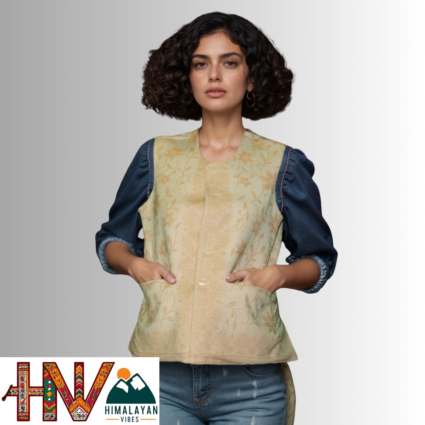 Women Pashmina Blend Cream Color Himachali Sadri with Flower pattern – Traditional Waistcoat by Himalayan Vibes