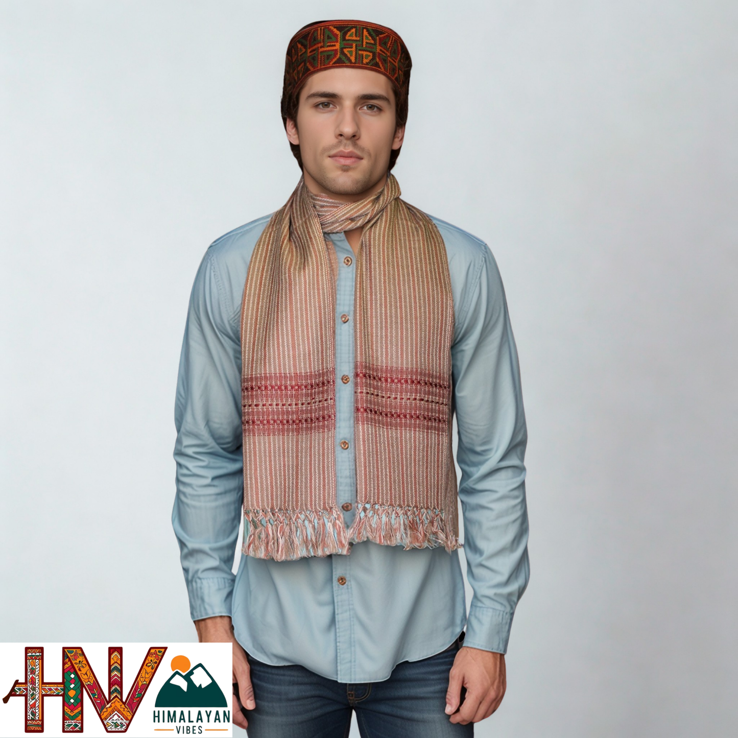 Traditional Kullu Handwoven Brown Stripes with Red Patti Muffler – Soft, Durable & Warm Wool Scarf