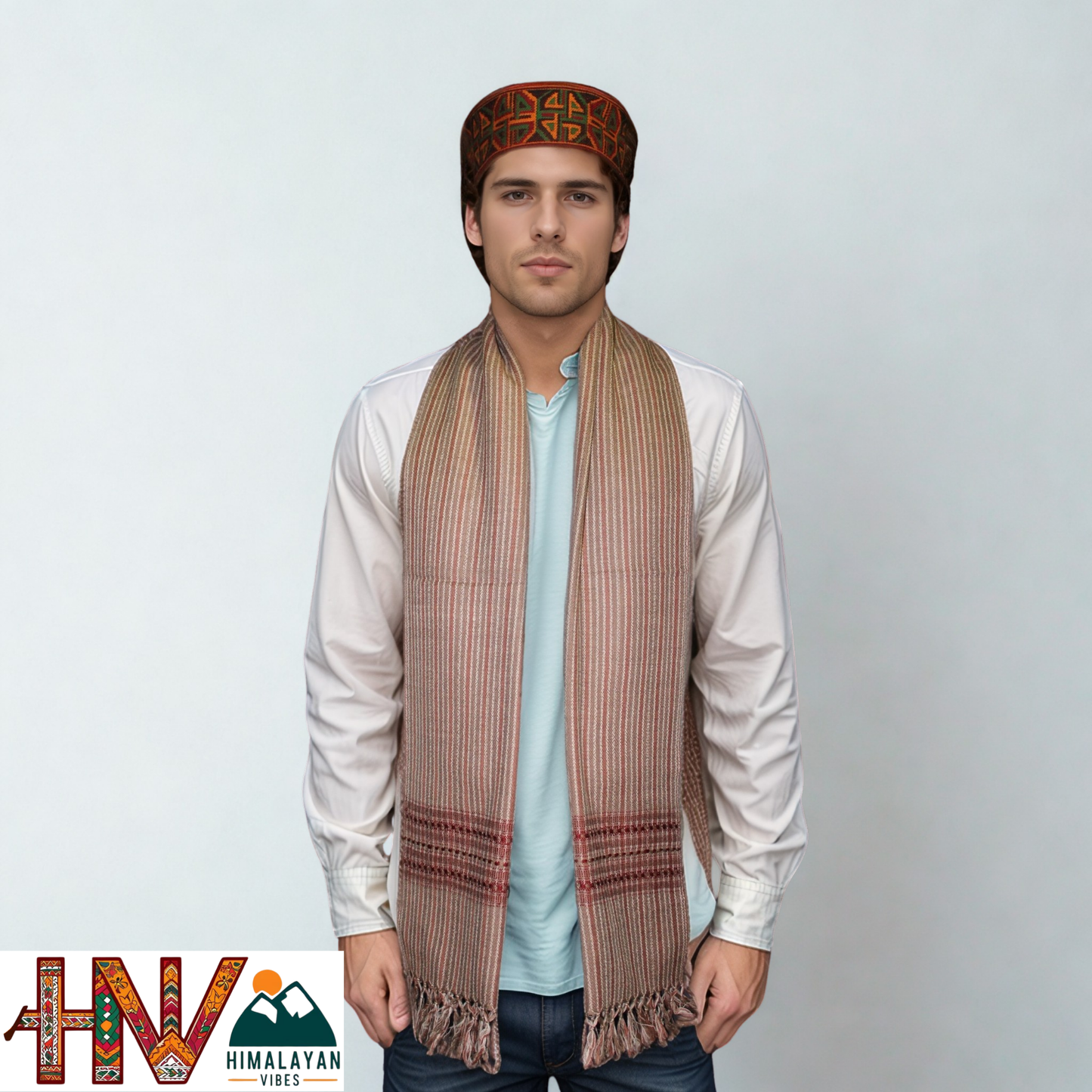 Traditional Kullu Handwoven Brown Stripes with Red Patti Muffler – Soft, Durable & Warm Wool Scarf