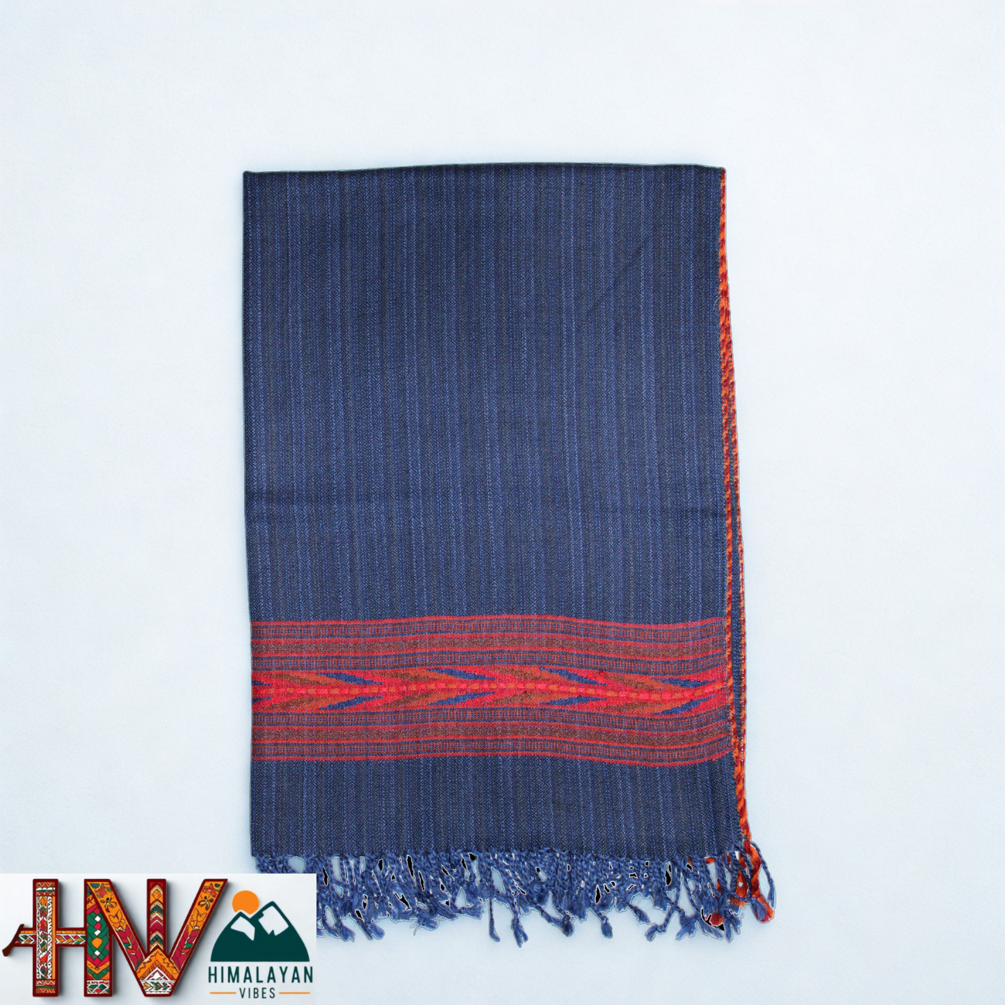 Handwoven Himalayan Blue Wool Stole – Red & Blue Striped with Geometric Motif Border