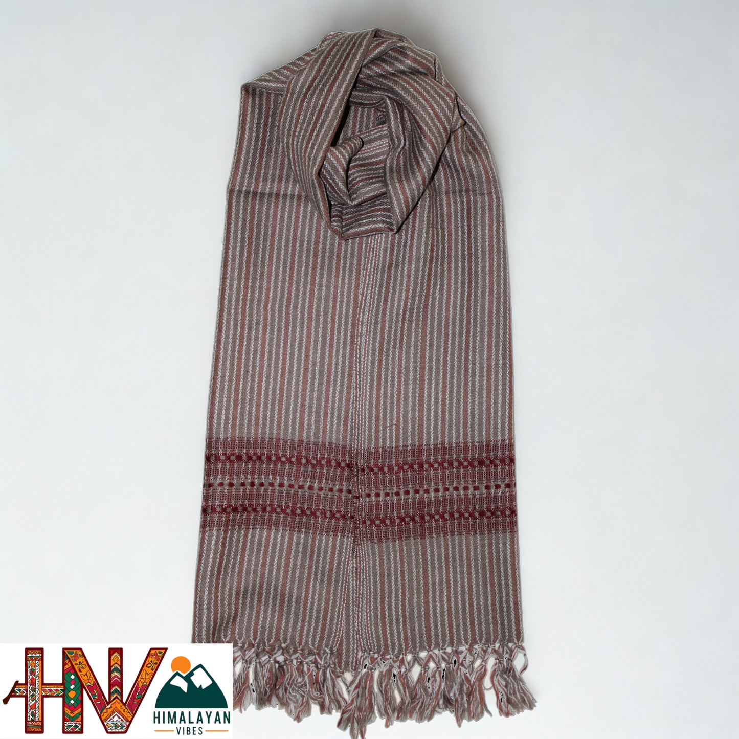Traditional Kullu Handwoven Brown Stripes with Red Patti Muffler – Soft, Durable & Warm Wool Scarf